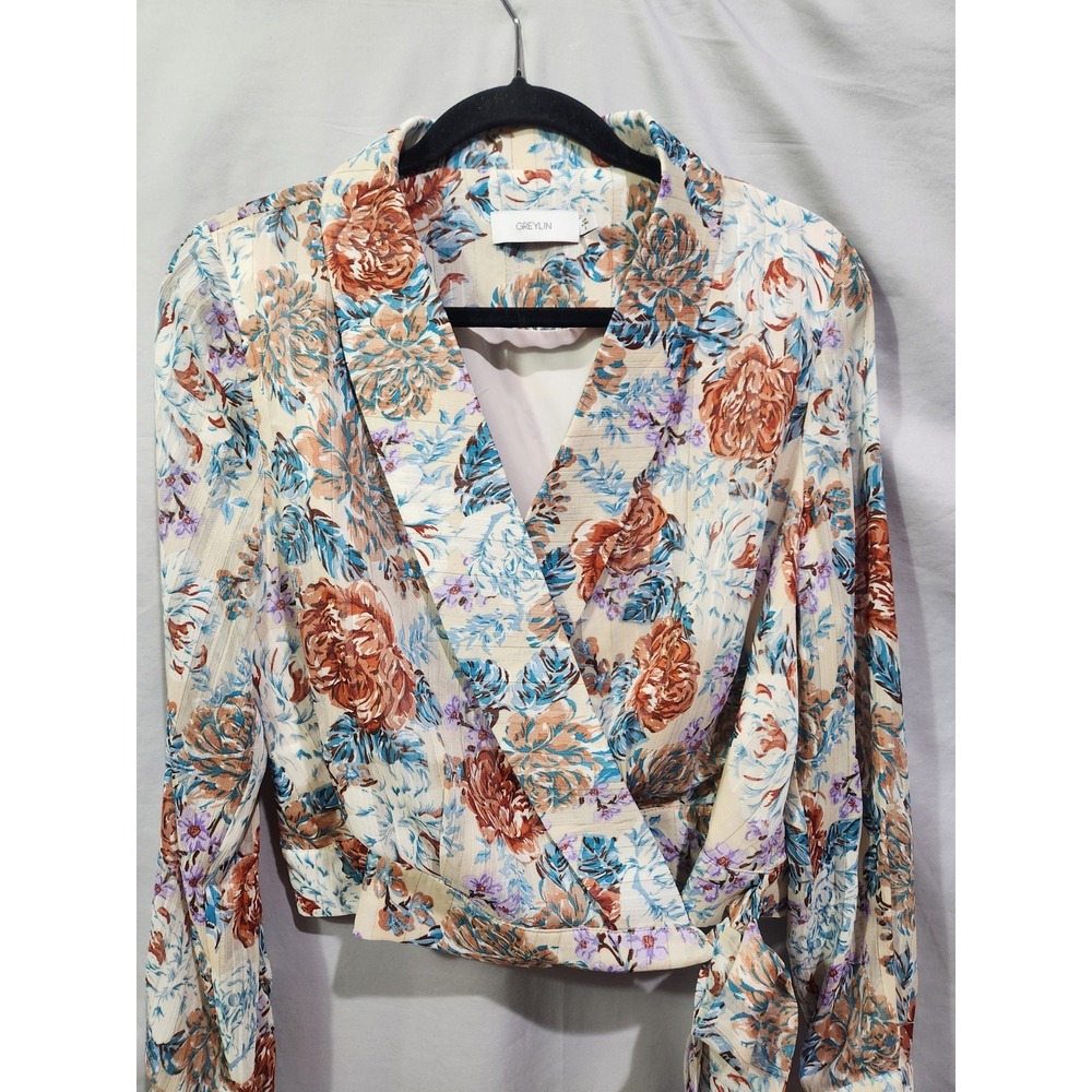 Greylin Rachel Wrap Tie Blouse Jacket Sheer Arms Fall Floral Gold Detailing Med